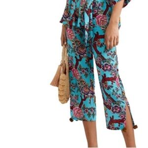 Figue Goa Pants Silk Crepe de Chine Drawstring Waistband Cropped Pom Pom Sz XS